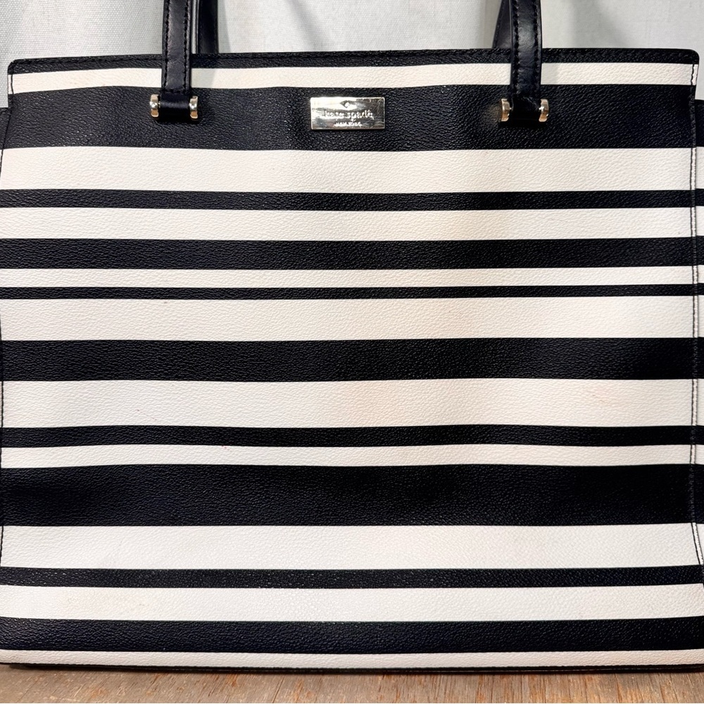 Kate Spade Vegan Leather Black & White Striped Tote Bag - Picture 3 of 9